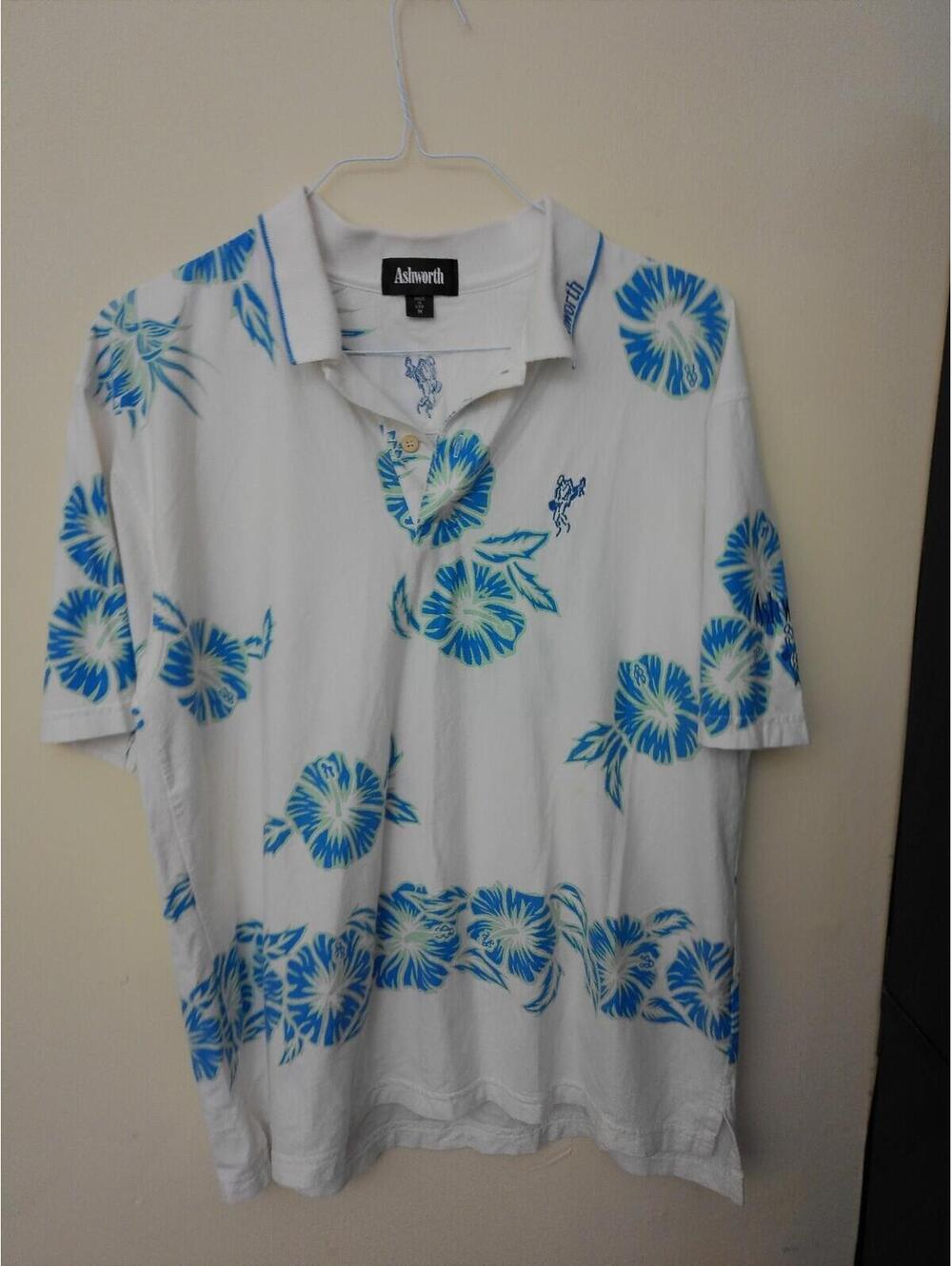 Ashworth Mens Polo Shirt M White Blue Floral Hawaiian Golf Short‎ Sleeve